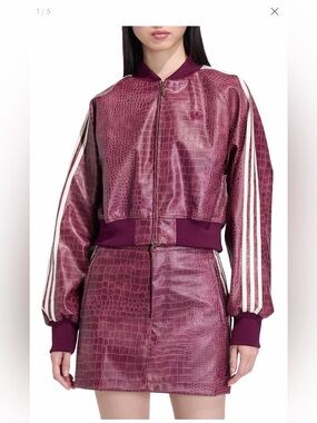 adidas Burgundy Croc-Texture Bomber Jacket with White Stripes